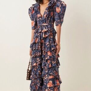 Ulla Johnson 6 Floral Tiered Maxi Dress Navy Aurora Ruffle Puff Sleeve Boho